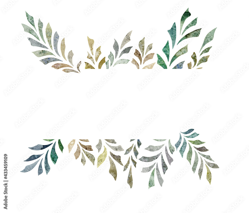 Watercolor hand drawn banner of leaves branches isolated on white background. Floral illustration for design greeting cards, wedding invitations, packaging. Watercolor hand drawn banner of leaves branches isolated on white background. Floral illustration for design greeting cards, wedding invitations, packaging.