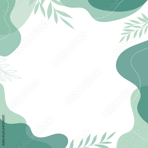 Modern background with fluid and leaves shape green pastel color and hand draw line on white background flat minimal design with copy space for text.