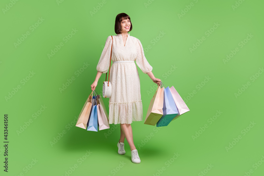Full length body size photo woman keeping bag walking with bags shopping center isolated pastel green color background Full length body size photo woman keeping bag walking with bags shopping center isolated pastel green color background