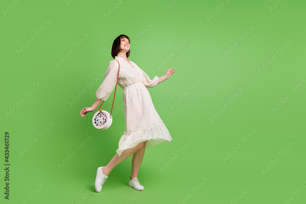 Full length body size side profile photo smiling woman in spring dreamy looking copyspace isolated pastel green color background Full length body size side profile photo smiling woman in spring dreamy looking copyspace isolated pastel green color background