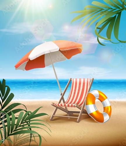 Vector summer banner with sunbed with umbrella and inflatable ring on the sand  with sunbeams and tropical leaves and waves of the ocean. 