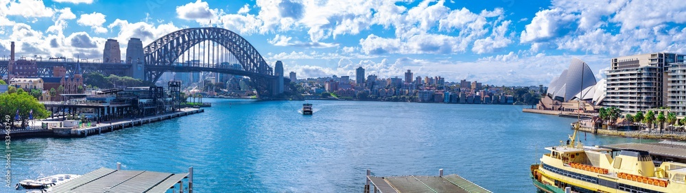Panorama view of Sydney Harbour and buildings bridges ferries. Picture taken from Cahill Expressway Circular Quay NSW Australia