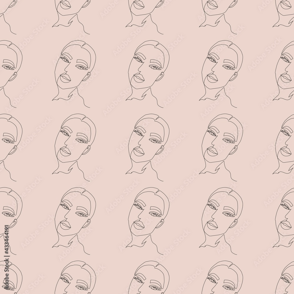 Seamless Pattern illustration of a person. Modern one line fashion portrait of a girl Seamless Pattern illustration of a person. Modern one line fashion portrait of a girl