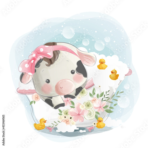 Little Calf in Bath Tub with Little Ducks © Lorarts