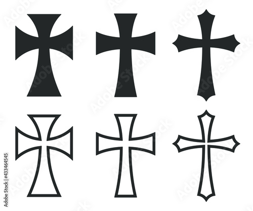Cross vector shape symbol. Christianity sign. Christian religion icon. Catholic and protestant faith logo or image. Teutonic crusader label. Gothic crusade crucifix.