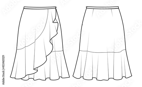 Fashion technical drawing of flounce skirt. Fashion flat template