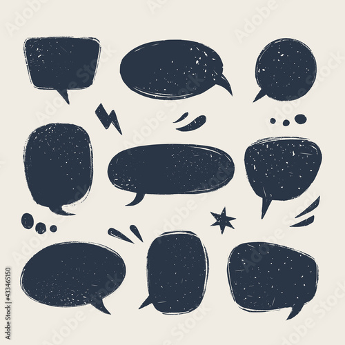 Speech bubbles set. Various talk balloon shapes in vintage style with grunge texture. Hand-drawn infographic Vector collection.