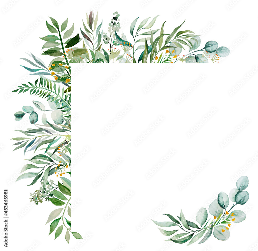 Watercolor botanical green leaves frame illustration