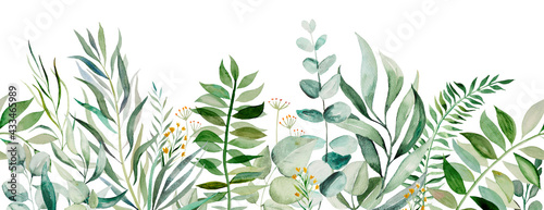 Fényképezés Watercolor botanical leaves seamless border illustration