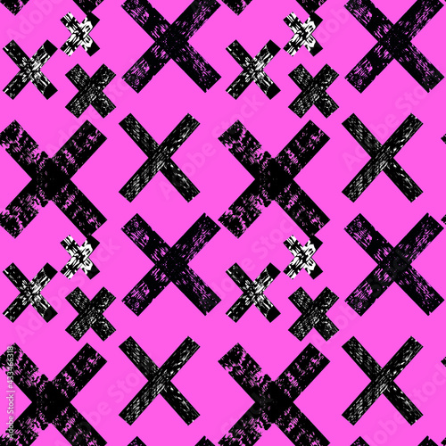 black and white seamless pattern crosses, on pink background. Modern vector design element. Geometric decoration element. Seamless vector texture. Vector concept.