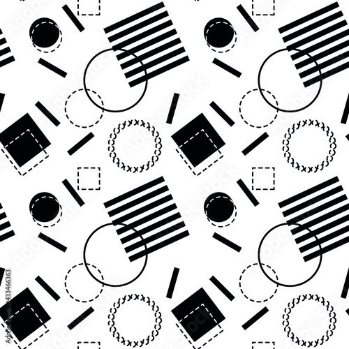 Colorful black geometric shapes seamless in trendy style on white background. Light background. Geometric graphic elements. Vector art illustration. Abstract texture.