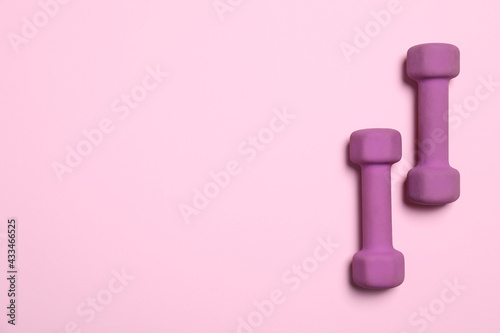 Dumbbells on pink background, flat lay. Space for text © New Africa