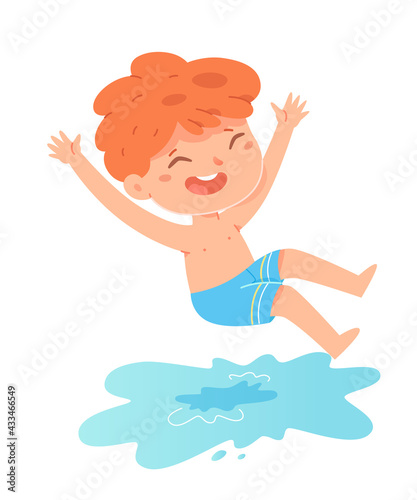 Kid jumping in pool at outdoor party. Boy diving into water to swim on vacation day. Summer resort beach scene vector illustration. Happy active child having fun on holiday.