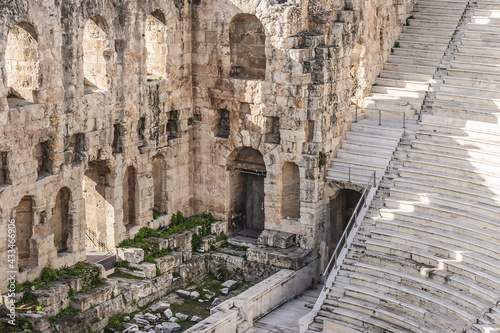 Top view of Greek ruins of Odeon of Herodes Atticus (161AD) - stone Roman theater at the Acropolis hill. Athens, Greece.