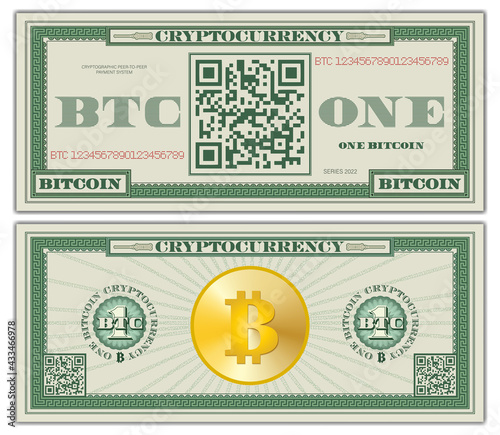 Bitcoin in the style of paper money, US dollars. One bitcoin cryptocurrency is coded in the QR-code. Green obverse and reverse of the banknote with shadow on white background