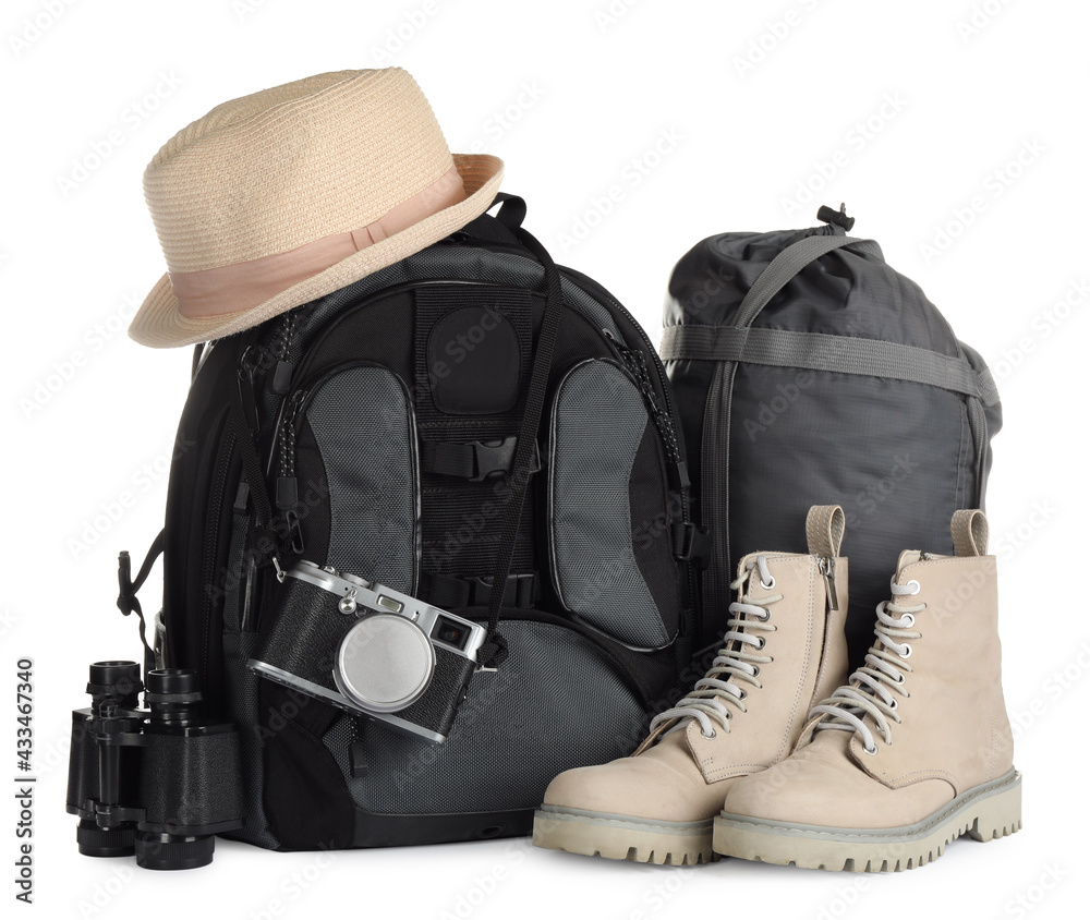 Set of camping equipment for tourist on white background Set of camping equipment for tourist on white background