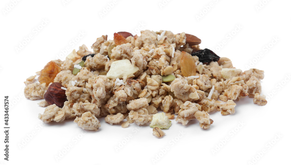 Pile of granola on white background. Healthy snack Pile of granola on white background. Healthy snack