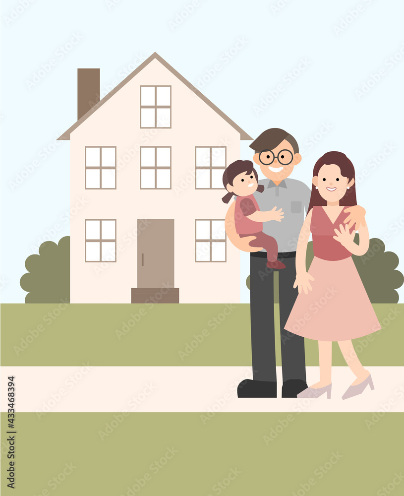 Smiling family standing in front of a house. Happy family. Father holding a child. Flat vector. Smiling family standing in front of a house. Happy family. Father holding a child. Flat vector.