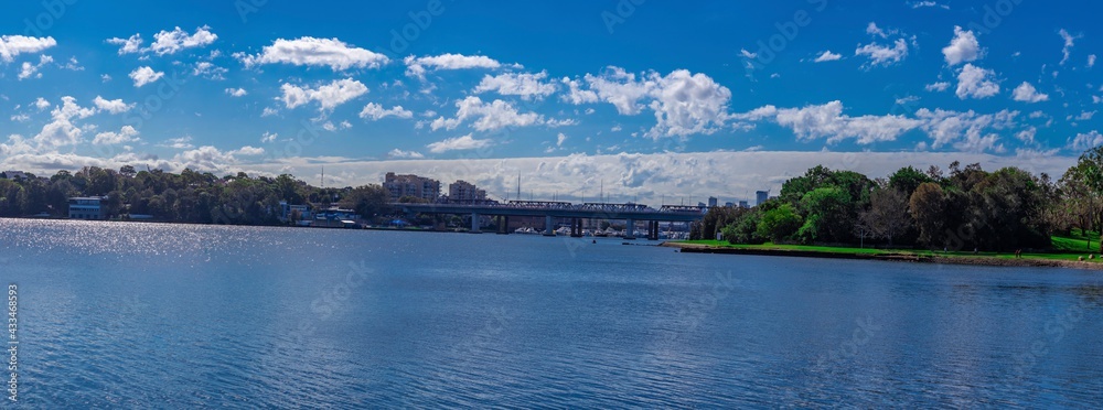 Panorama view of Sydney Bay run Balmain iron cove bridge birken head point on parramatta river and sydney harbour NSW Australia