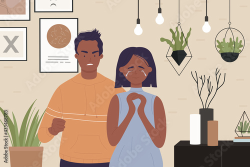 Family abuse, couple people quarrel criticize vector illustration. Cartoon young angry husband screaming at wife, quarreling in anger, woman character crying, divorce conflict conversation background