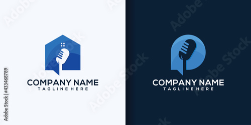 podcast mic house home logo vector icon illustration
