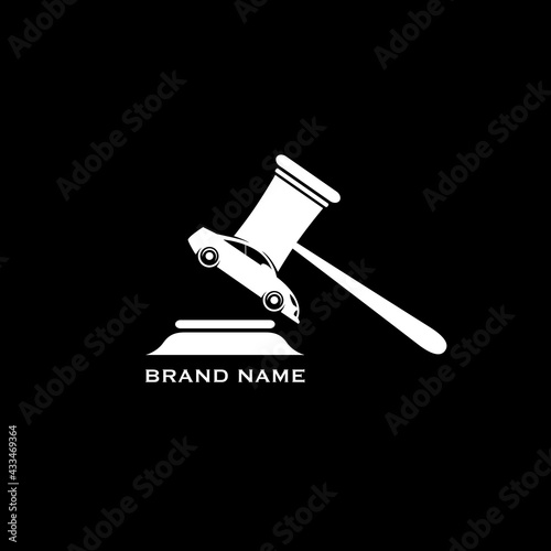 hammer of justice with a machine-like image on the end. logo for auction