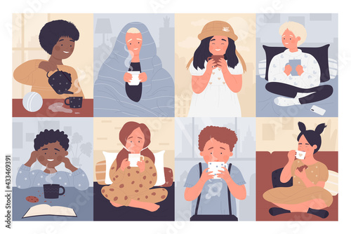 Happy children with hot drinks vector illustration set. Cartoon cute boy and girl child characters sitting under cozy blanket or at table, kids holding mug and cookies, drinking beverage background