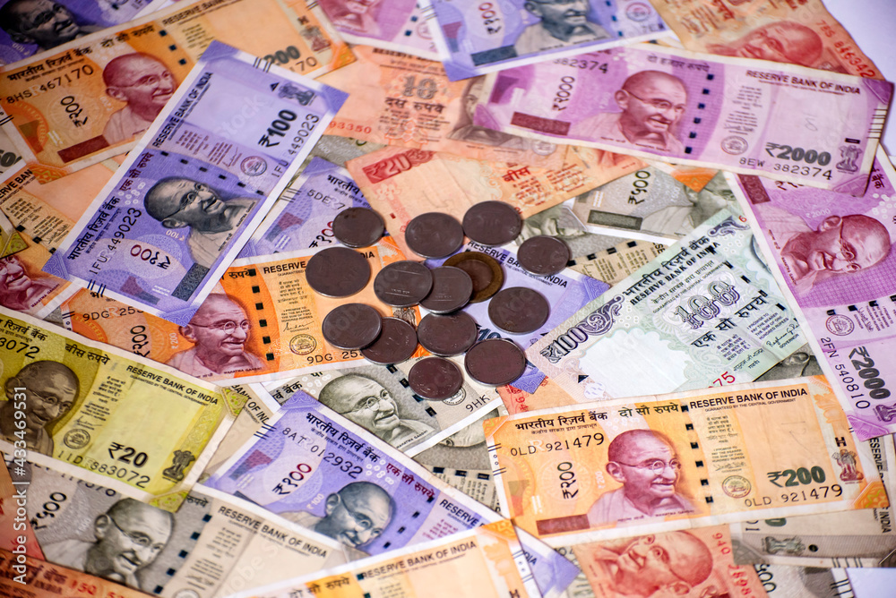 New Indian currency bank notes flat lay with coin, Top view of cash wealth on a table.