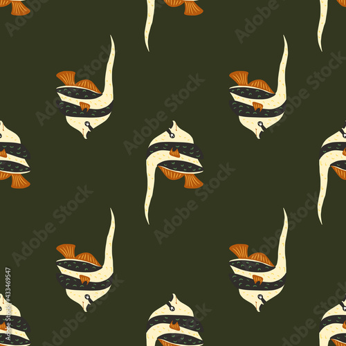 Exotic fish seamless nature pattern with doodle imperial angelfish shapes. Dark green background.