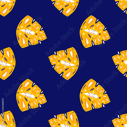 Contrast seamless pattern with doodle yellow abstract folk monstera ornament. Bright navy blue background.