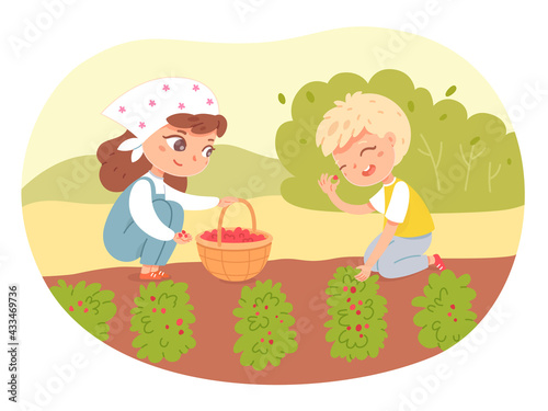 Kids working in farm or garden, collecting berries from bushes. Little happy boy and girl taking harvest vector illustration. Group doing chores in agriculture in summer time