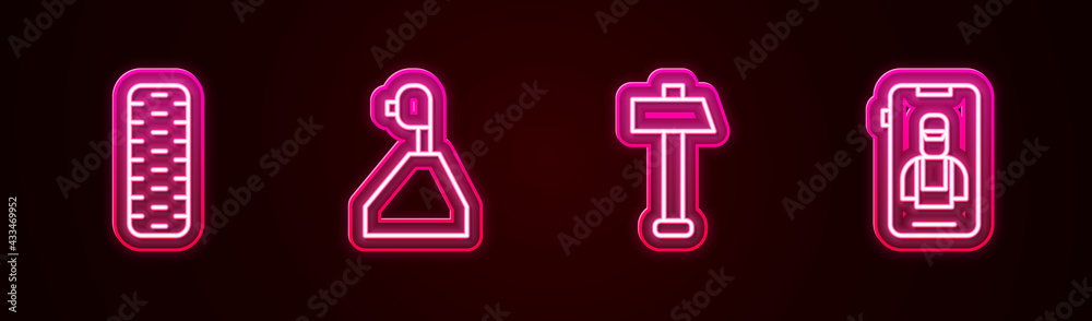 Set line Car tire wheel, Gear shifter, Hammer and Online car services. Glowing neon icon. Vector