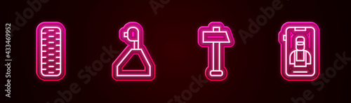 Set line Car tire wheel, Gear shifter, Hammer and Online car services. Glowing neon icon. Vector