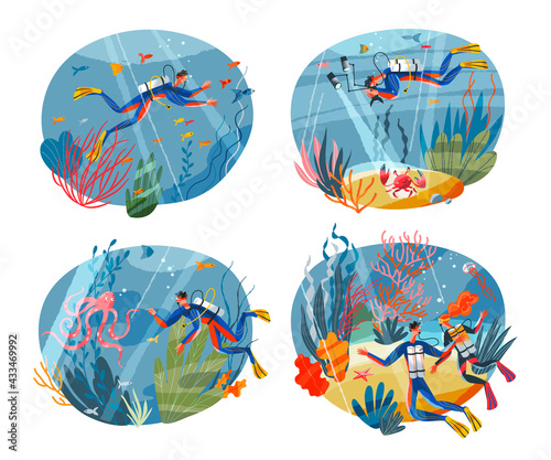 Scuba diving underwater set. Divers in ocean with fish, octopus, coral reefs, crab vector illustration. Marine life in water background. Man and woman swimming in suits with equipment