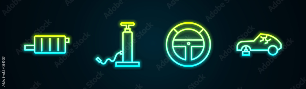 Set line Car muffler, air pump, Steering wheel and Broken car. Glowing neon icon. Vector Set line Car muffler, air pump, Steering wheel and Broken car. Glowing neon icon. Vector