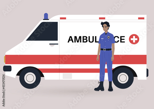 A young male ambulance doctor on duty wearing a uniform, a health care concept