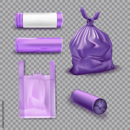Purple plastic bags for garbage set. Package for trash and rubbish with handle vector illustration. Container and roll on transparent background. Supermarket disposable pack