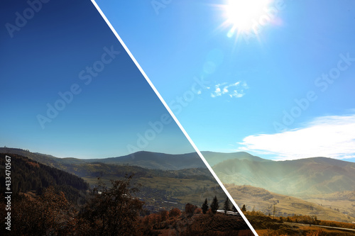 Photo before and after retouch, collage. Picturesque landscape with beautiful sky over mountains