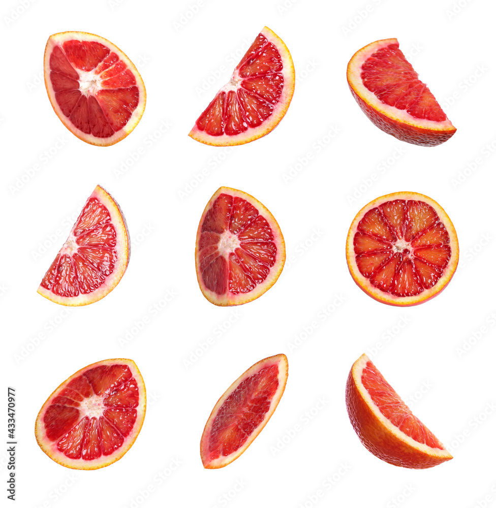 Set with ripe red oranges on white background Set with ripe red oranges on white background