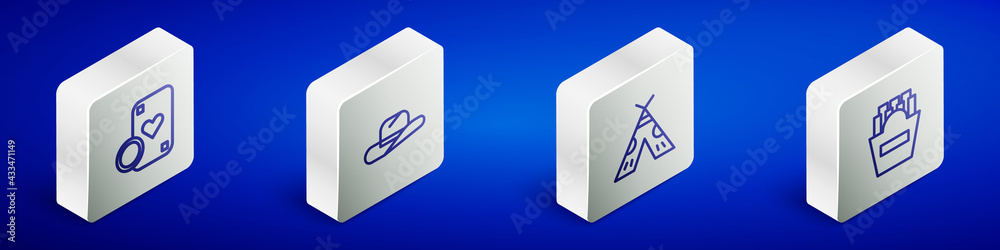 Set Isometric line Casino chip and playing cards, Western cowboy hat, Indian teepee or wigwam and Potatoes french fries box icon. Vector Set Isometric line Casino chip and playing cards, Western cowboy hat, Indian teepee or wigwam and Potatoes french fries box icon. Vector