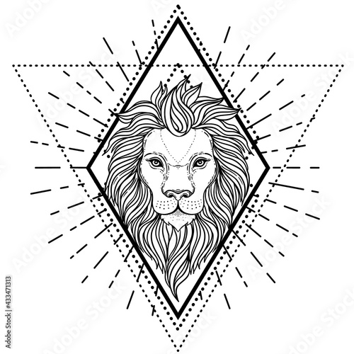 Ornate lion head over sacred geometry. African, Indian, totem, tattoo, sticke...