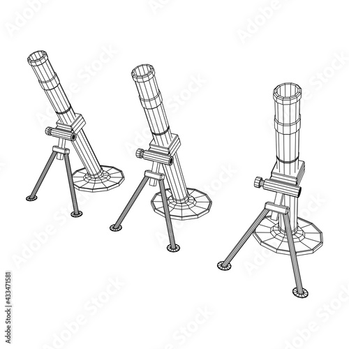 Firearm weapon army mortar and mine. Wireframe low poly mesh vector illustration