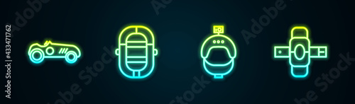 Set line Vintage sport racing car, Rafting boat, Helmet and action camera and Knee pads. Glowing neon icon. Vector