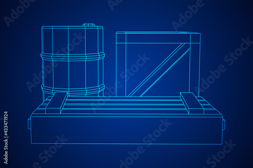 Supplies cargo concept. Pile boxes and barrels. Wireframe low poly mesh vector illustration.