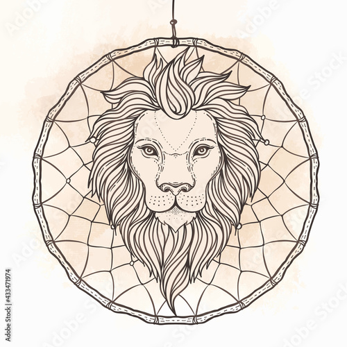 Ornate lion head over dream catcher. African, Indian, totem, tattoo, sticker ...
