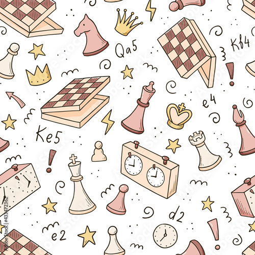 Hand drawn seamless pattern of cartoon chess game pieces. Doodle sketch style. Isolated vector illustration for a chess club, tournaments, course wallpaper, background, textile design.