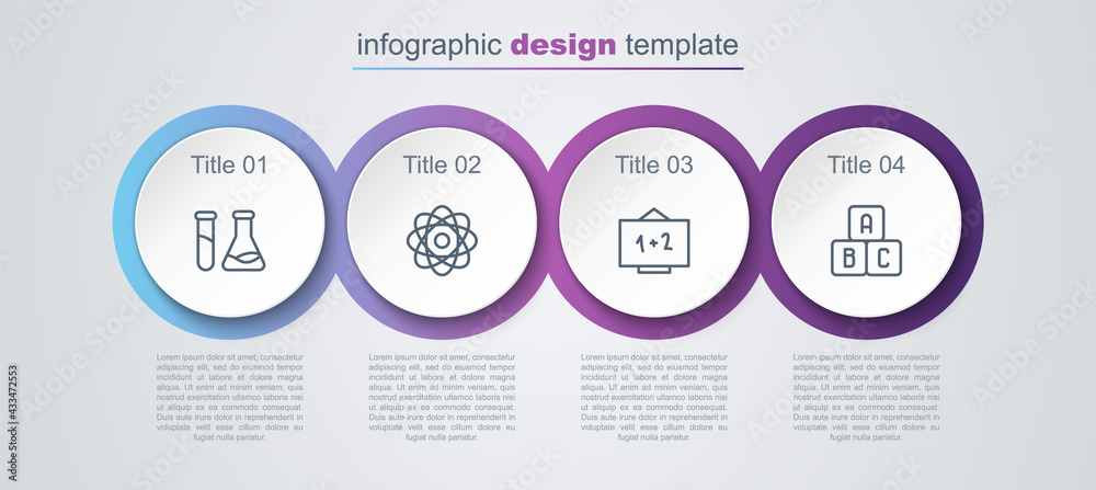 Set line Test tube and flask, Atom, Chalkboard and ABC blocks. Business infographic template. Vector Set line Test tube and flask, Atom, Chalkboard and ABC blocks. Business infographic template. Vector