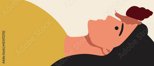 Woman with spa snail, flat vector stock illustration with natural massage for facial skin with mollusk
