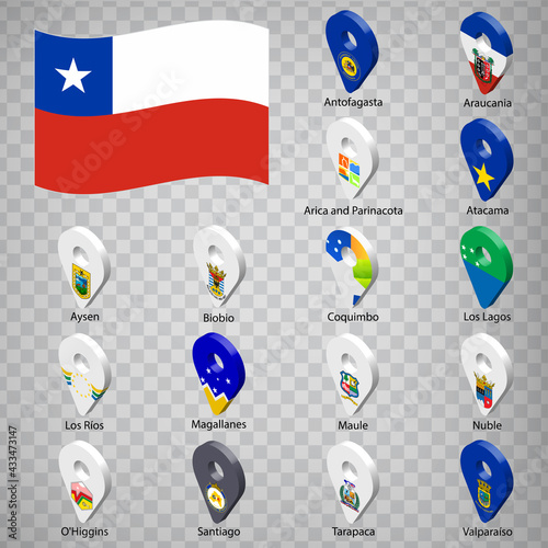 Sixteen flags the Regions of Chile -  alphabetical order with name.  Set of 3d geolocation signs like flags Regions of Chile.  Sixteen 3d geolocation signs for your design. EPS10 photo