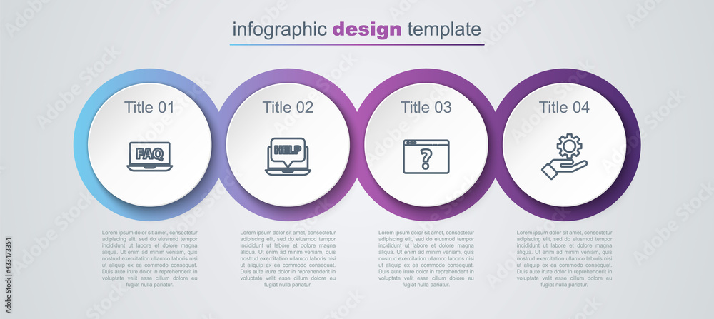 Set line Laptop and FAQ, help, Browser with question mark and Settings in the hand. Business infographic template. Vector Set line Laptop and FAQ, help, Browser with question mark and Settings in the hand. Business infographic template. Vector